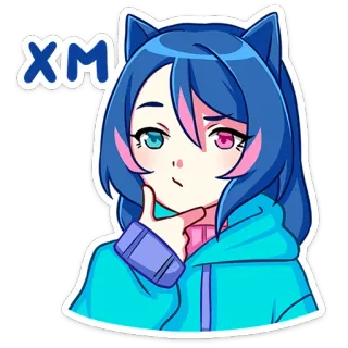 🤔 XM 애니메이션 소녀, 만화 캐릭터, 고양이 귀, 파란 머리, 귀여운, 스티커, 디지털 아트 telegram sticker