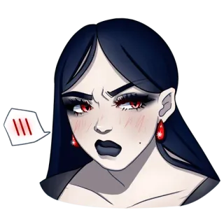 ☺ donna, arrabbiata, goth, trucco, occhi rossi, capelli scuri, adesivo telegram sticker