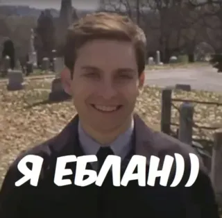 😊 Peter Parker Spider-Man Я ЕБЛАН)) tobey maguire, spider man, meme, graveyard, smug telegram sticker