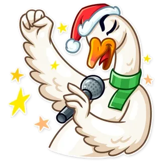 😄 goose, animal, bird, microphone, singing, Christmas, scarf, Santa hat, stars telegram sticker