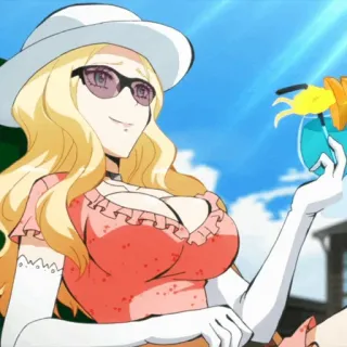 🌙 Anime, Kobieta, Plaża, Napój, Okulary przeciwsłoneczne, Kapelusz telegram sticker