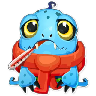 🤒 สัตว์ประหลาด, ป่วย, เป็นหวัด, ไข้หวัดใหญ่, ปรอทวัดไข้, การ์ตูน, น่ารัก, สีฟ้า telegram sticker