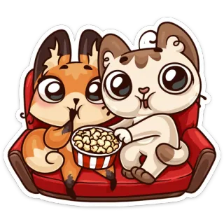 🍟 zorro, gato, animales, palomitas, sofá, lindo, dibujos animados, viendo, juntos whatsapp sticker