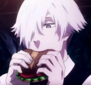 🍔 anime, white hair, sandwich, eating, manga, character telegram sticker