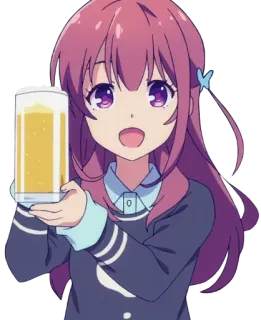 🍺 chica anime, cerveza, bebida, linda, sonriendo, pelo morado telegram sticker