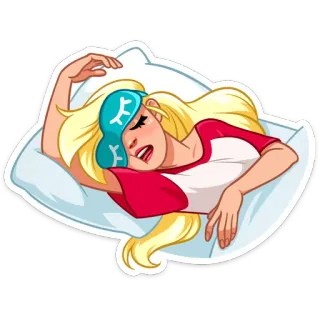 😴 dormindo, mulher, desenho animado, máscara de dormir, cama, travesseiro, cabelo loiro, bocejar telegram sticker
