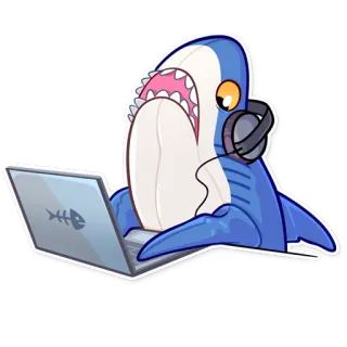 😨 Requin, Dessin animé, Ordinateur portable, Casque audio, Poisson, Animal telegram sticker