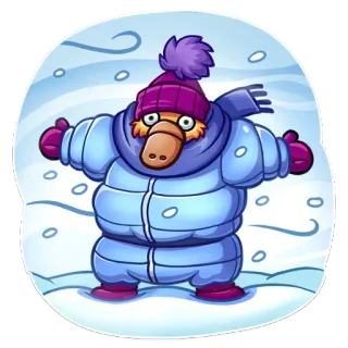 🌬 winter, platypus, cartoon, snow, cold, scarf, hat, animal telegram sticker