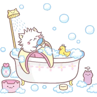 🛁 mèo, tắm, kawaii, dễ thương, vịt cao su, dầu gội, bong bóng, giờ tắm telegram sticker