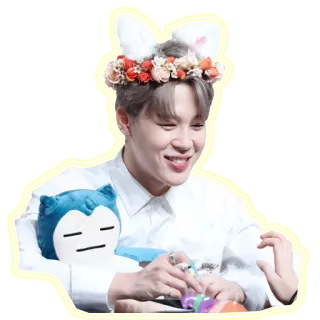 😁 Jimin kpop, idole, fleurs, oreilles de lapin, sourire, mignon, chanteur telegram sticker
