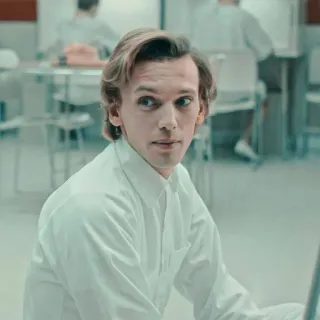 😐 homem, camisa branca, interior, laboratório, olhando câmera telegram sticker