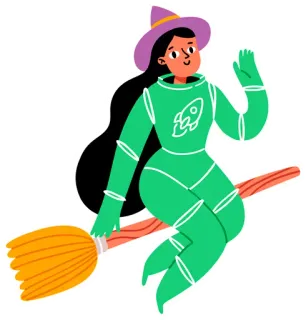 👩 bruja, cohete, espacio, escoba, halloween, fantasía, dibujos animados telegram sticker