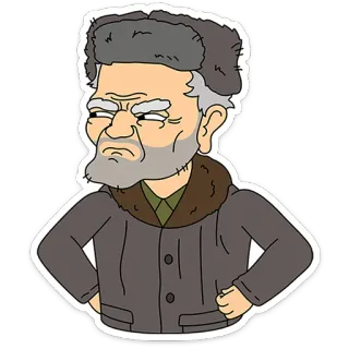 😑 alter Mann, Pelzmütze, Comicfigur, graue Haare, wütend, ernst, Winterkleidung telegram sticker