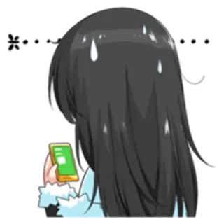 😑 anime girl, black hair, smartphone, cartoon, sticker, manga, digital art telegram sticker