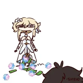 🐾 Lumine Genshin Impact Videogame, Estilo anime, Desenho animado, Fantasia, Arte digital, Personagem, Loira, Dinheiro, Cristais telegram sticker