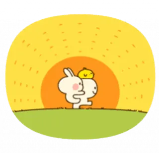 ☺️ うさぎ, バニー, 漫画, 黄色い鳥, 友情, 可愛い, かわいい, 夕焼け, 風景 telegram sticker