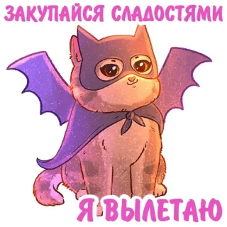 🦇 ЗАКУПАЙСЯ СЛАДОСТЯМИ Я ВЫЛЕТАЮ Katze, Fledermaus, Superheld, Kostüm, Cartoon, Tier, süß, fliegend telegram sticker