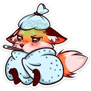 🤒 sakit, penyakit, rubah, kartun, termometer, kompres es telegram sticker