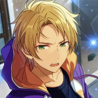 😕 anime, cabelo loiro, olhos verdes, moletom roxo, masculino whatsapp sticker