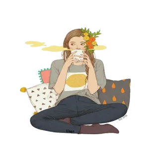 ☕ fille, café, détente, fleurs, dessin whatsapp sticker