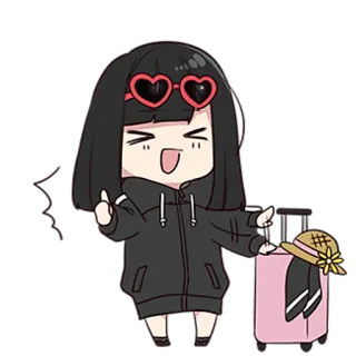 👍 kartun, jari tengah, perjalanan, koper, kacamata hati, chibi telegram sticker