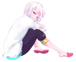 😏 Anime, Manga, Karakter, Duduk, Rambut Putih, Mata Merah telegram sticker