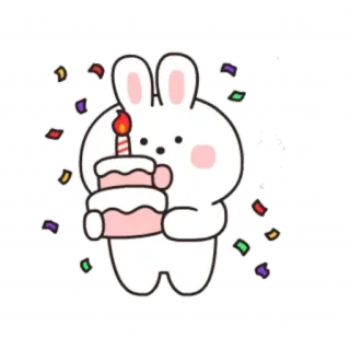 🎂 lapin, lapinou, gâteau, anniversaire, fête, confettis, mignon, dessin animé whatsapp sticker