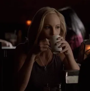 🗝 Caroline Forbes The Vampire Diaries woman, drinking, coffee, mug, character, vampire, necklace telegram sticker