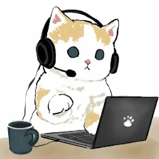 😀 gatto, cuffie, laptop, carino, animale, cartone animato, scrivania telegram sticker