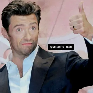 👍 @CELEBRITY_TEXTI Hugh Jackman, selebriti, aktor, jempol ke atas, pria, setelan jas telegram sticker