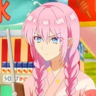 🙂 animé, cheveux roses, fille, tresses, pistolet, clair, arme telegram sticker
