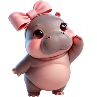 ☺️ ปิ้วๆ hipopotam, słodki, zwierzę, kreskówka, różowy, kokarda, powitanie telegram sticker