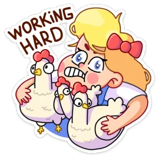 💪 WORKING HARD gadis, bekerja, keras, ayam, peternakan, kartun whatsapp sticker