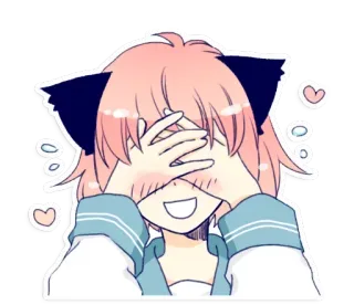 😳 Anime, Tai mèo, Kawaii, Dễ thương, Tóc hồng, Má hồng, Trái tim, Nhân vật telegram sticker