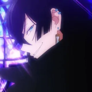 🙂 アニメ, 青い目, 黒髪, 笑顔, 砂時計イヤリング telegram sticker