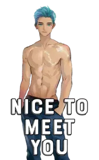 🤔 NICE TO MEET YOU Gruß, Anime Stil, männlich, Torso, blaue Haare whatsapp sticker