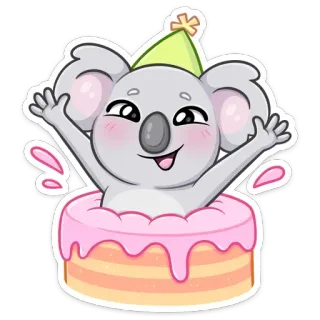 🥳 коала, торт, день рождения, вечеринка, животное, мультфильм, праздник telegram sticker