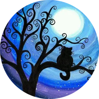 🌳 cat, moon, night, tree, silhouette, stars, painting, artwork whatsapp sticker