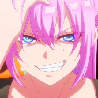 🙂 animé, cheveux roses, sourire maléfique, sourire narquois, animé telegram sticker