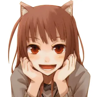 😃 Holo Spice and Wolf anime, wolf ears, red eyes, smiling, brown hair, cute telegram sticker