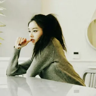 🕊 phụ nữ, chân dung, châu Á, bàn, áo len, tạo dáng telegram sticker