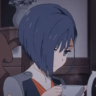 🤍 Ichigo Darling in the Franxx Anime, Charakter, Mädchen, Ichigo, Darling in the Franxx, blaue Haare, Kaffee telegram sticker