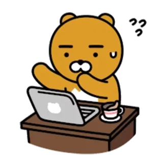 💻 Ryan Ryan, Kakao Friends, urso, escrivaninha, computador, escritório, estressado, desenho animado telegram sticker