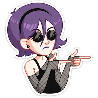 😎 Cartoon, Frau, Mädchen, lila Haare, Sonnenbrille, zeigend telegram sticker