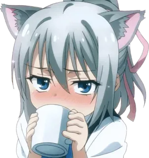 ☕ anime, cat ears, kawaii, cute, girl, drinking telegram sticker