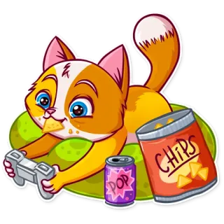 🎮 CHIPS, POP gatto, patatine, bibita, gaming, controller, cartone animato, snack, carino telegram sticker