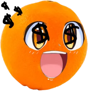 🤑 orange, fruit, cartoon, anime, dollar signs, funny whatsapp sticker