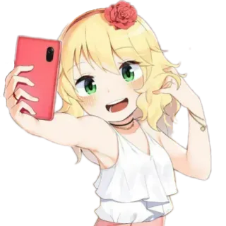 😄 Anime Mädchen, Selfie, Cartoon, Blonde Haare, Süß, Blume, Handy whatsapp sticker