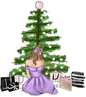 🎄 크리스마스 트리, 소녀, 선물, 휴일, 패션, 쇼핑, 럭셔리, 보라색 telegram sticker