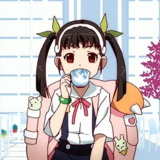🍩 Hachikuji Mayoi Monogatari Anime, Menina, Fofa, Bebida, Copo, Desenho animado telegram sticker